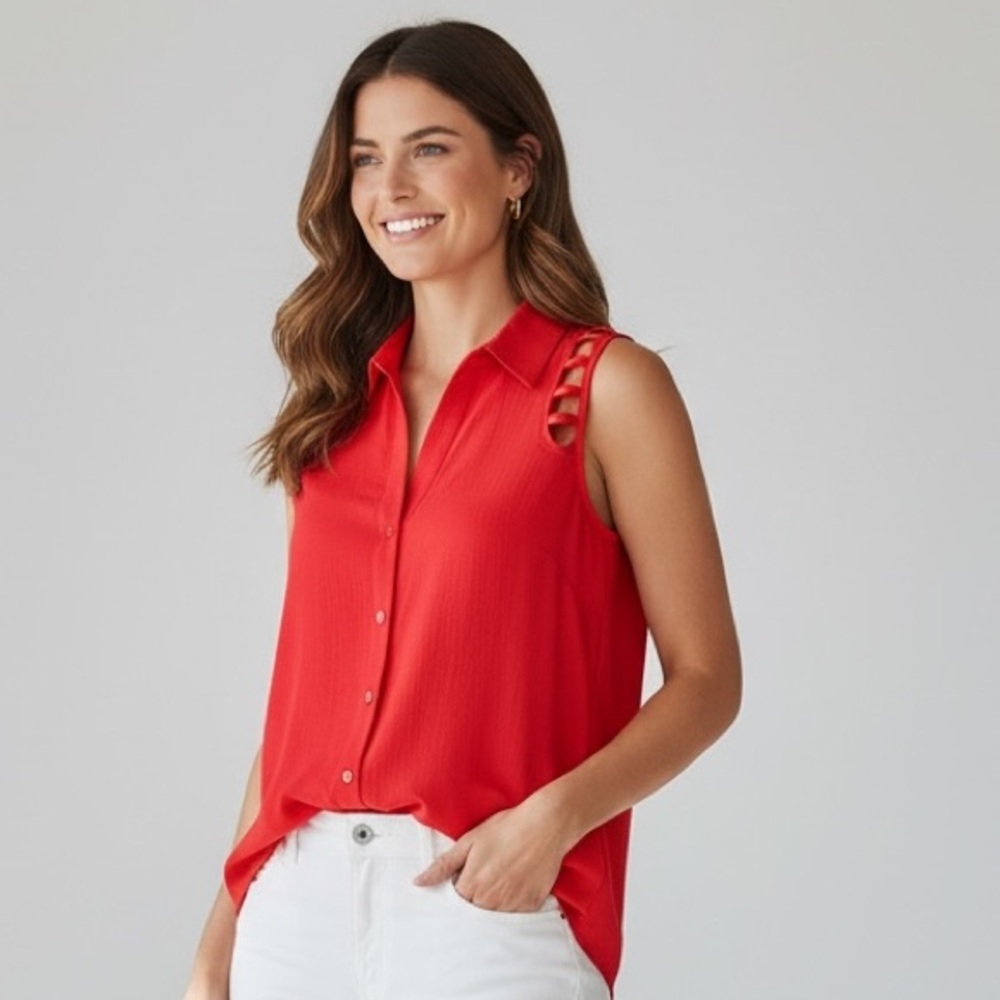 BCX ladies sleeveless button-down top, NWT size medium red - Picture 1 of 11
